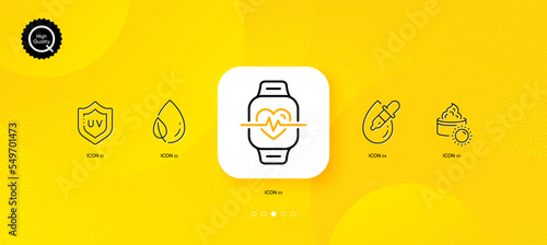 Leaf dew, Eye drops and Cardio training minimal line icons. Yellow abstract background. Sun cream, Uv protection icons. For web, application, printing. Water drop, Pipette, Fitness watch. Vector