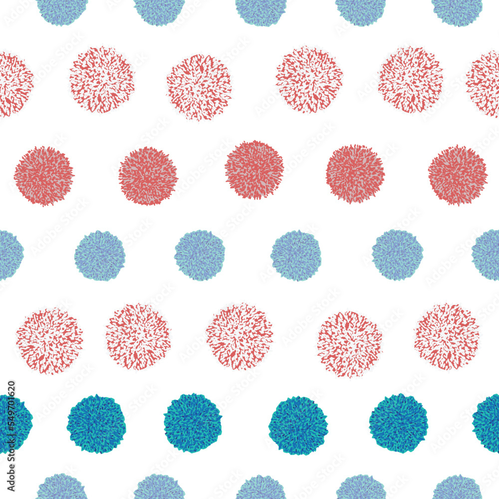 Vector seamless pattern pompom in rows in blue, pink and red color on white background. Holiday Christmas or birthday baby repeating pattern. Pon pon pom. Vector seamless pattern pompom in rows in blue, pink and red color on white background. Holiday Christmas or birthday baby repeating pattern. Pon pon pom.
