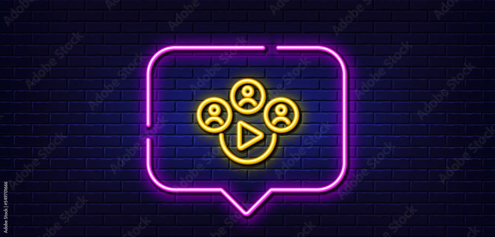 Neon light speech bubble. Video conference line icon. Online meeting sign. Video teamwork symbol. Neon light background. Video conference glow line. Brick wall banner. Vector Neon light speech bubble. Video conference line icon. Online meeting sign. Video teamwork symbol. Neon light background. Video conference glow line. Brick wall banner. Vector