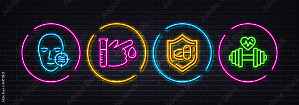 Blood donation, Medical tablet and Problem skin minimal line icons. Neon laser 3d lights. Dumbbell icons. For web, application, printing. Medicine analyze, Medicine pill, Facial care. Vector