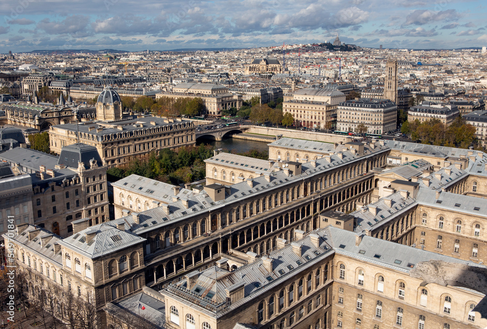 Aerial view of the skyline of Paris with the architecture of Cite in Paris