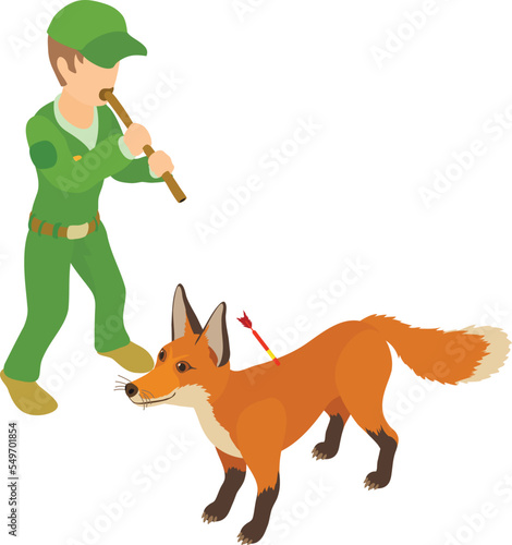 Fox capturing icon isometric vector. Man with blowpipe with dart near wild fox. Trapping of wild animal
