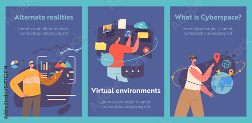 Data Management in Cyberspace Cartoon Banners. Male or Female Characters Use Future Technology Work In Futuristic Office