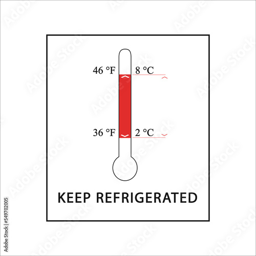Keep Refrigerated Sign Or Stamp Food package label, storage instruction vector design