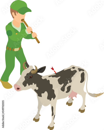 Animal vaccination icon isometric vector. Man with blowpipe with dart near cow. Cattle vaccination