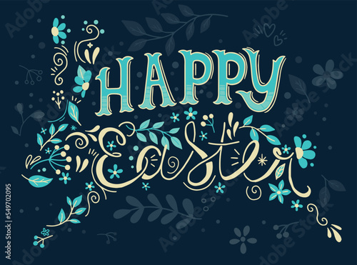 cute cartoon illustration of easter bunny silhouette with flowers and plants, hand drawn writing