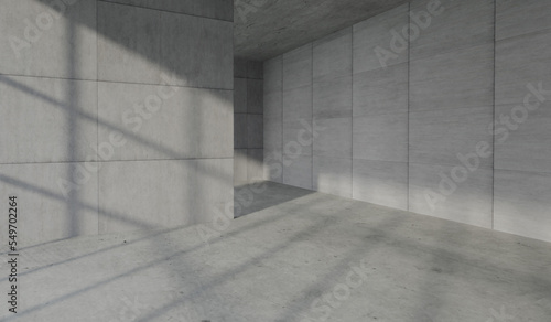 Concrete modern interior space. Blank walls and sunlight casting shadows. 3D Rendering