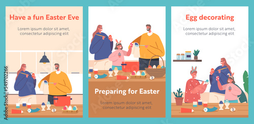 Happy Family Prepare for Easter Cartoon Banners. Parents and Children Girl and Boy Wear Rabbit Ears Painting Eggs