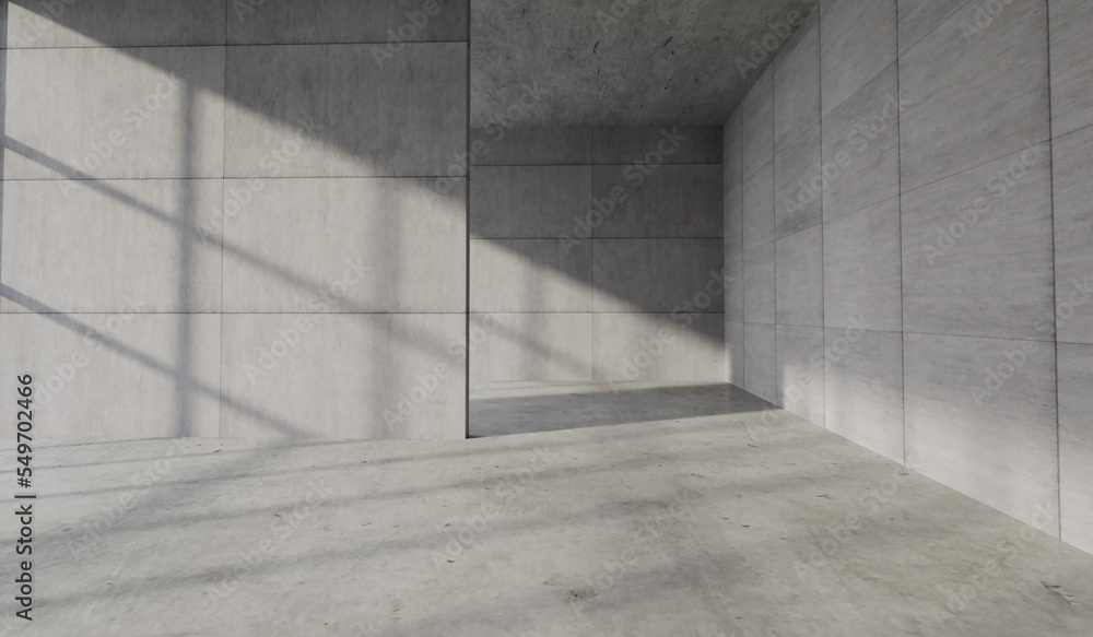 Concrete modern interior space. Blank walls and sunlight casting shadows. 3D Rendering Concrete modern interior space. Blank walls and sunlight casting shadows. 3D Rendering