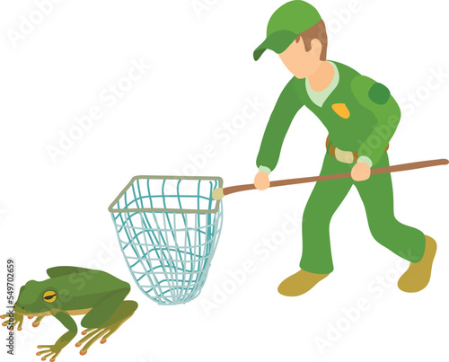 Frog trapping icon isometric vector. Man in uniform with landing net near frog. Capturing of cold blooded animal