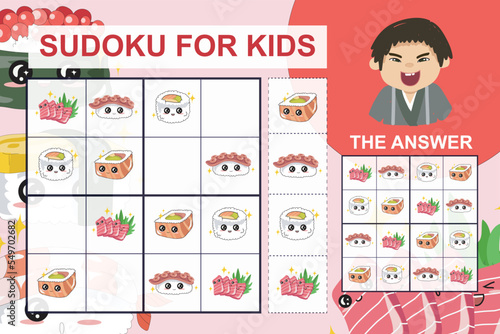 Printable Sudoku for kids. Education worksheet for children. Printable puzzle game for preschool.  Kawaii cute sushi collections. Japanese traditional food vector Illustration files