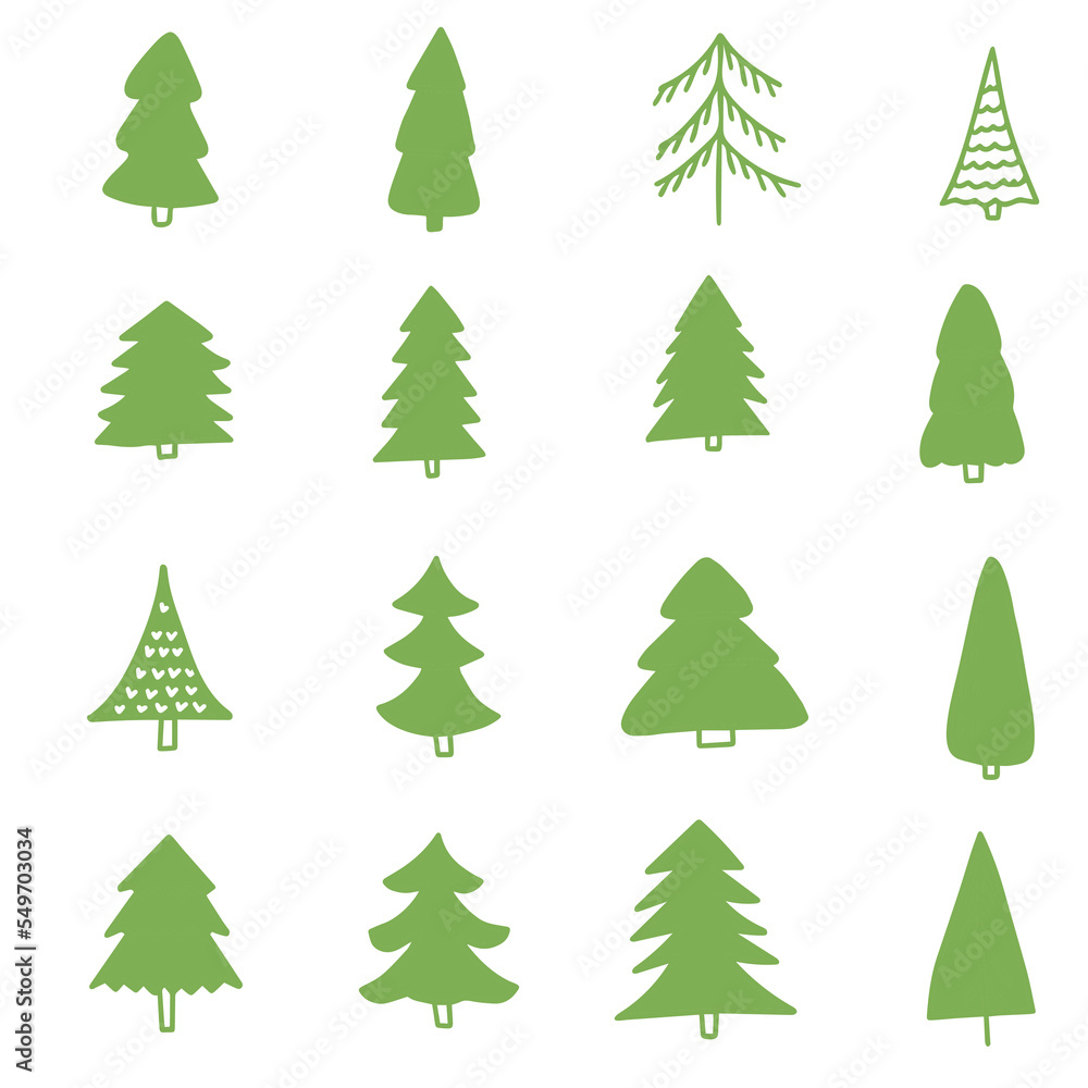 Hand drawn doodle sketch style vector illustration set of green pine Christmas trees. Isolated on white background.