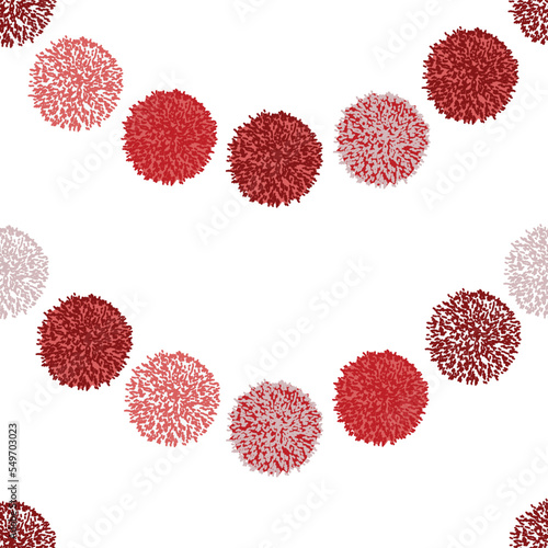 Vector seamless pattern pompom in rows in blue, pink and red color on white background. Holiday Christmass or birthday baby repeating pattern. Pon pon pom.