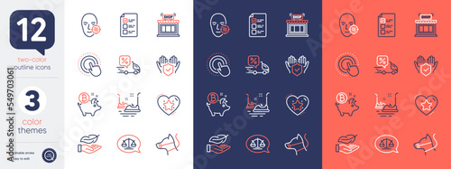 Set of Justice scales, Voting ballot and Bumper cars line icons. Include Problem skin, Ranking star, Dog leash icons. Insurance hand, Lightweight, Shop web elements. Bitcoin coin. Vector