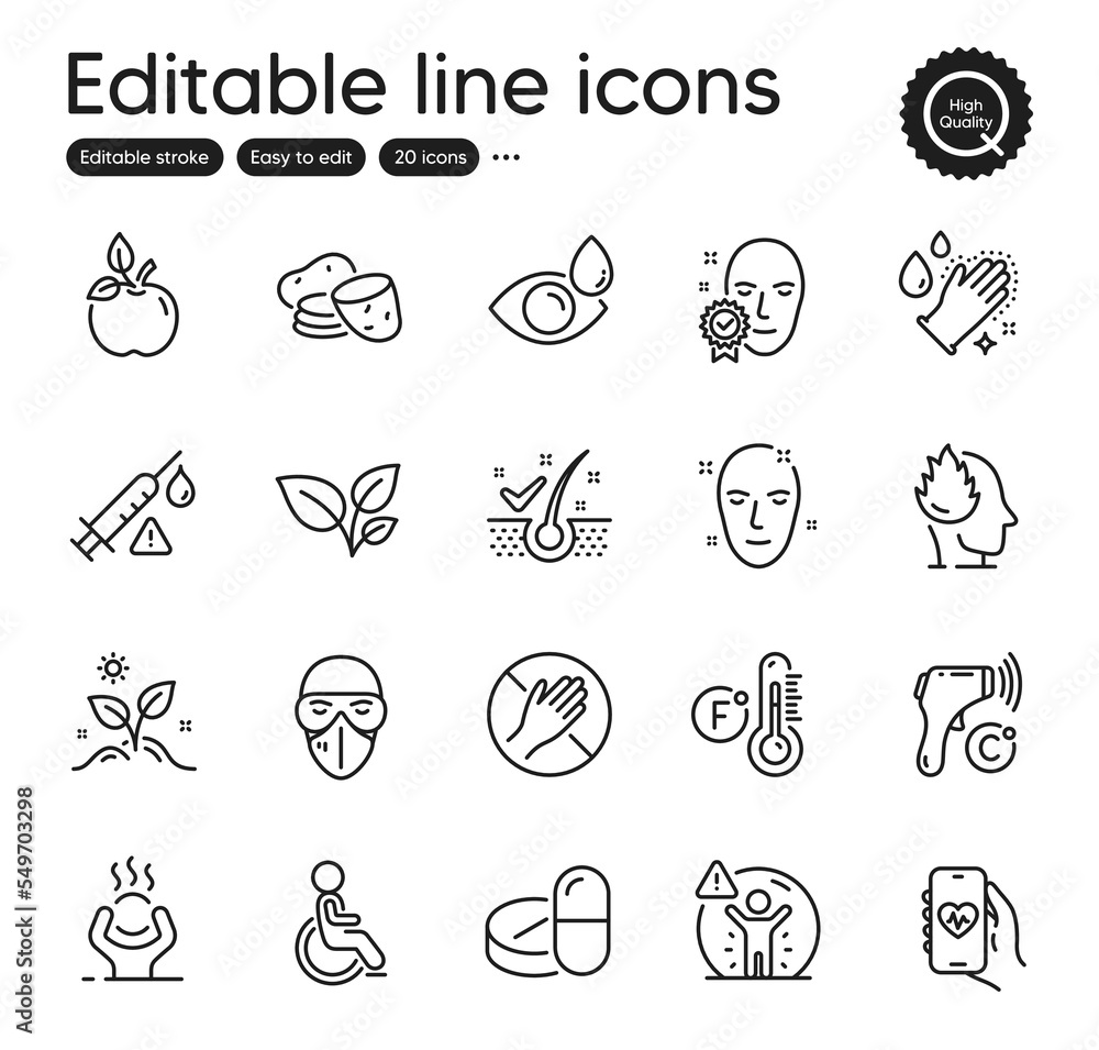 Set of Healthcare outline icons. Contains icons as Potato, Eye drops and Eco food elements. Grow plant, Health skin, Anti-dandruff flakes web signs. Difficult stress, Stress. Vector