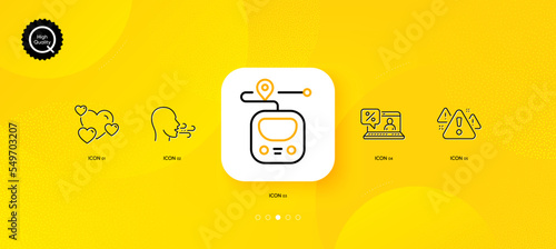 Heart, Warning and Metro minimal line icons. Yellow abstract background. Breathing exercise, Online loan icons. For web, application, printing. Love rating, Important message, Transit journey. Vector