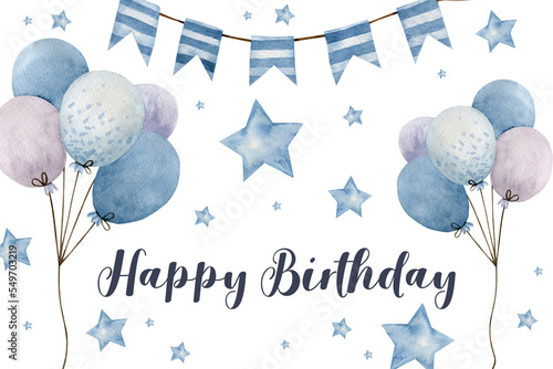 Canvas Print Happy birthday banner. Boy happy birthday. Blue.