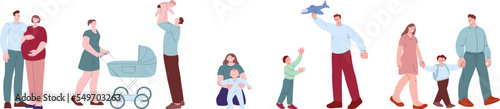 Parents and son, from pregnancy to primary school student ages. Flat cartoon family, boy growing up. Mother and father with child vector characters