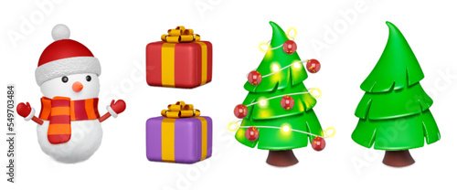 Winter 3d xmas tree with garland, snowman and gift box with bow. Christmas realistic plastic toys, green plastiline vector fir tree. Isolated new year elements