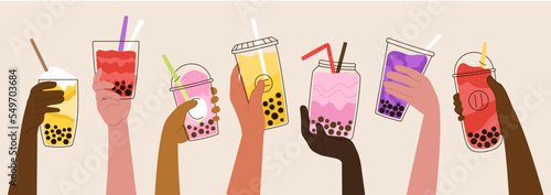 Hands hold bubble tea shakes. Milkshake, asian smoothie and mocha in glasses. Drink party, sweet beverages desserts, decent boba drinks vector banner