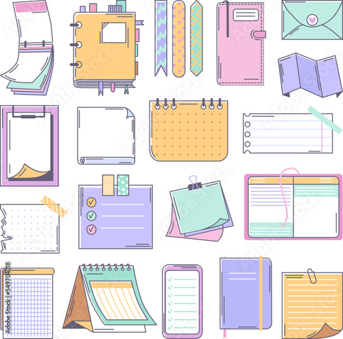 Paper sheets hand drawn stickers. Doodle planner page, draw notes decorative set. Notebook memo sheet, neoteric school journal or diary vector kit