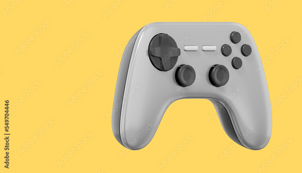 Realistic console game controller. Gray icon on yellow background with space for text. 3D rendering. Realistic console game controller. Gray icon on yellow background with space for text. 3D rendering.