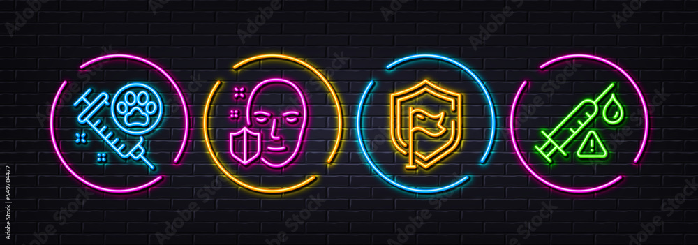 Dog vaccination, Face protection and Shield minimal line icons. Neon laser 3d lights. Vaccine attention icons. For web, application, printing. Pets medicine, Secure access, Safe secure. Vector