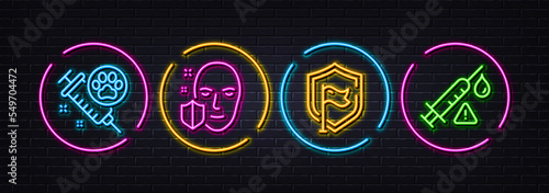 Dog vaccination, Face protection and Shield minimal line icons. Neon laser 3d lights. Vaccine attention icons. For web, application, printing. Pets medicine, Secure access, Safe secure. Vector