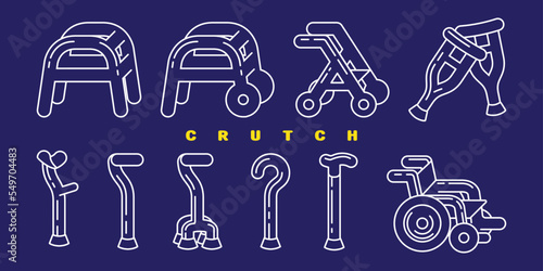 Set of assistive medical devices crutches and  sticks icons or Symbols. Crutches, wheelchairs and walkers. Canes, cane with additional support, elbow crutch, telescopic crutch. Vector.
