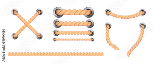 Vector illustration of jute cords isolated on white background. Realistic vintage ropes decoration elements.