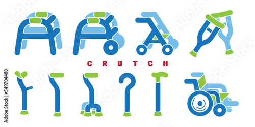 Set of assistive medical devices crutches and  sticks icons or Symbols. Crutches, wheelchairs and walkers. Canes, cane with additional support, elbow crutch, telescopic crutch. Vector.
