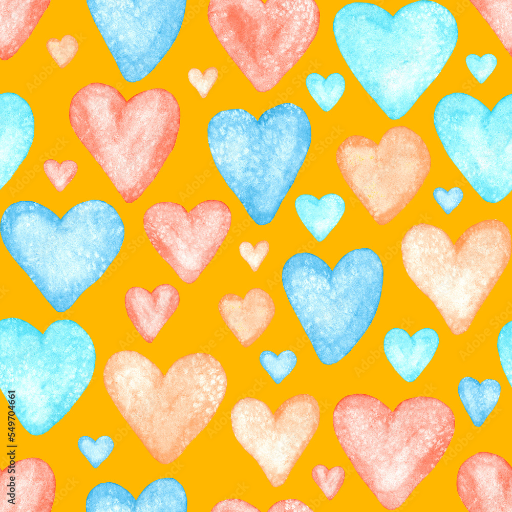 Watercolor seamless pattern with hearts. Bright watercolor romantic texture. Happy Valentine's day or wedding background.