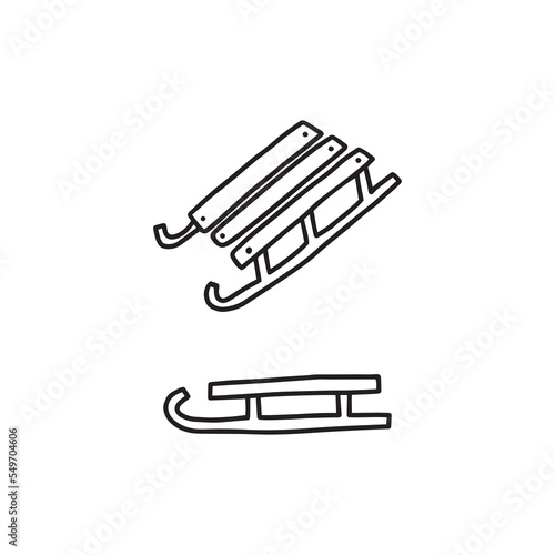 Hand drawn doodle sketch style vector illustration set of winter child sled. Isolated on white background