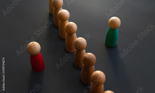 Barrier between people. Hide behind others. Refusal to contact. Barrier to negotiations. Division, separation. Protagonist, antagonist, minions. Mediation and conflict resolution. photo