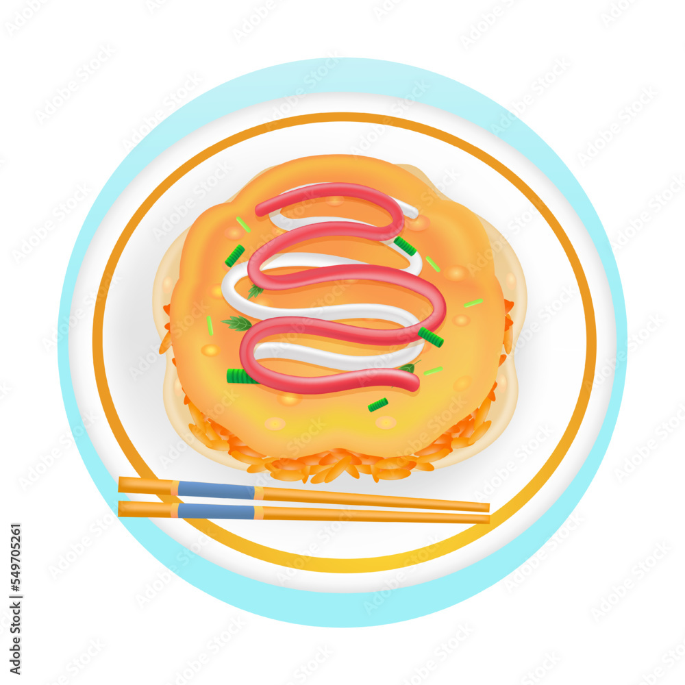 Obraz premium Japanese food, 3d illustration of omelet rice with sauce and mayonnaise
