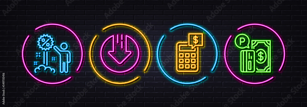 Calculator, Discount and Download arrow minimal line icons. Neon laser 3d lights. Parking payment icons. For web, application, printing. Money management, Sale shopping, Crisis. Paid garage. Vector