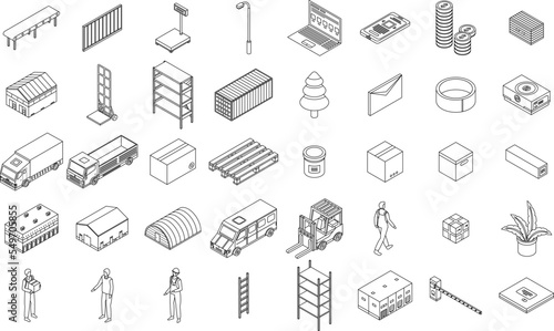 Warehouse icons set. Isometric set of warehouse vector icons outline vector on white background