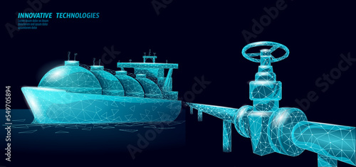 Tanker ship liquified gas transportation symbol. 3D low poly industrial oil refinery technology. Delivery petrol fuel cargo. Ocean LPG tank propane vector illustration
