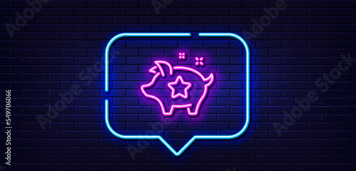 Neon light speech bubble. Loyalty points line icon. Bonus piggy. Discount program symbol. Neon light background. Loyalty points glow line. Brick wall banner. Vector