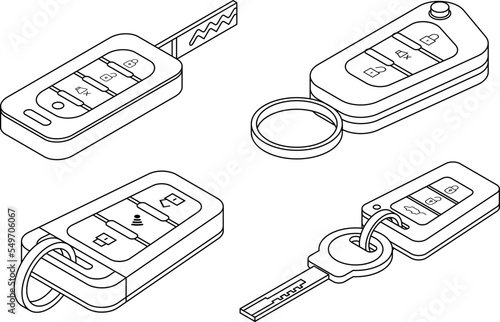 Car alarm system icons set. Isometric set of car alarm system vector icons outline vector on white background