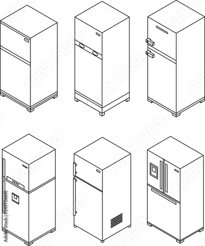 Fridge icons set. Isometric set of fridge vector icons outline vector on white background