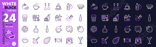 Americano, Night eat and Fitness water line icons for website, printing. Collection of Beer bottle, Potato, Tea cup icons. Tomato, Food delivery, Cooking hat web elements. Beer. Vector