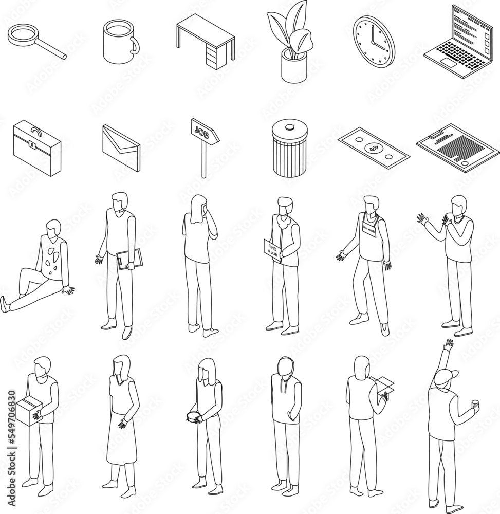 Unemployed icons set. Isometric set of unemployed vector icons outline vector on white background Unemployed icons set. Isometric set of unemployed vector icons outline vector on white background