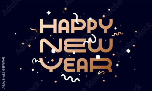 Happy New Year. Greeting card, fireworks banner, poster in abstract geometric bright style for happy new year. Background, christmas party, happy new year symbol for web, print. Vector Illustration