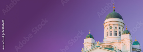 Helsinki, Finland. Very Peri Starry Sky. Close Up Of Lutheran Cathedral On Senate Square. Famous Landmark In Finnish Capital. Bright Dramatic Light Purple Sky.