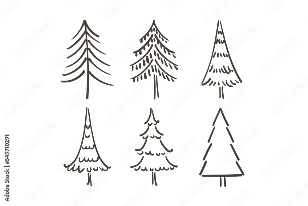 Obraz premium Christmas trees and Quote. Hand drawn set of spruce. Holidays background and Greetings card. Abstract doodle drawing woods, spruce. Vector sketch simple line illustration.