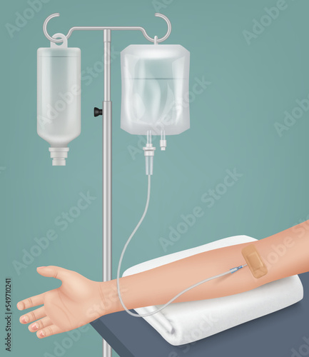 Medical dropper. Realistic medical background with saline bag for patient or blood transfusion decent vector template