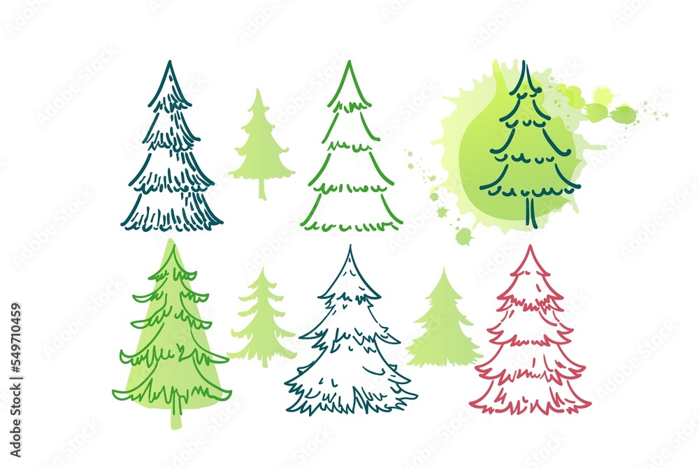 Obraz premium Christmas trees and Quote. Hand drawn set of spruce. Holidays background and Greetings card. Abstract doodle drawing woods, spruce. Vector sketch simple line illustration.