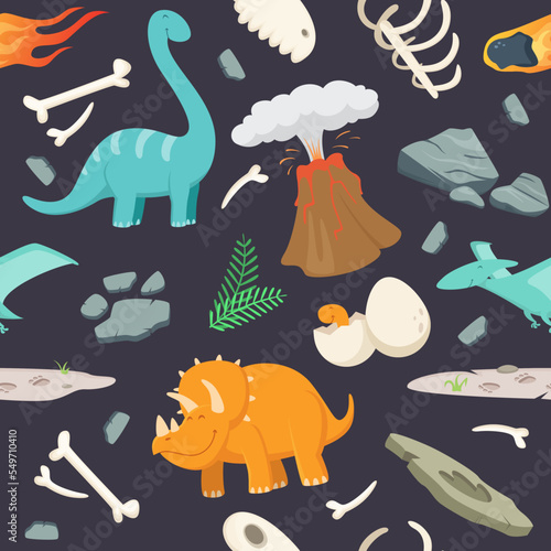 Dinosaur pattern. cave prehistoric period objects bones rocks volcano meteorite and dinosaurs seamless background