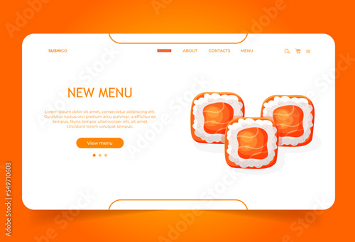 Sushi online store. Homepage template design for online ordering and delivery service. Landing page for seafood website